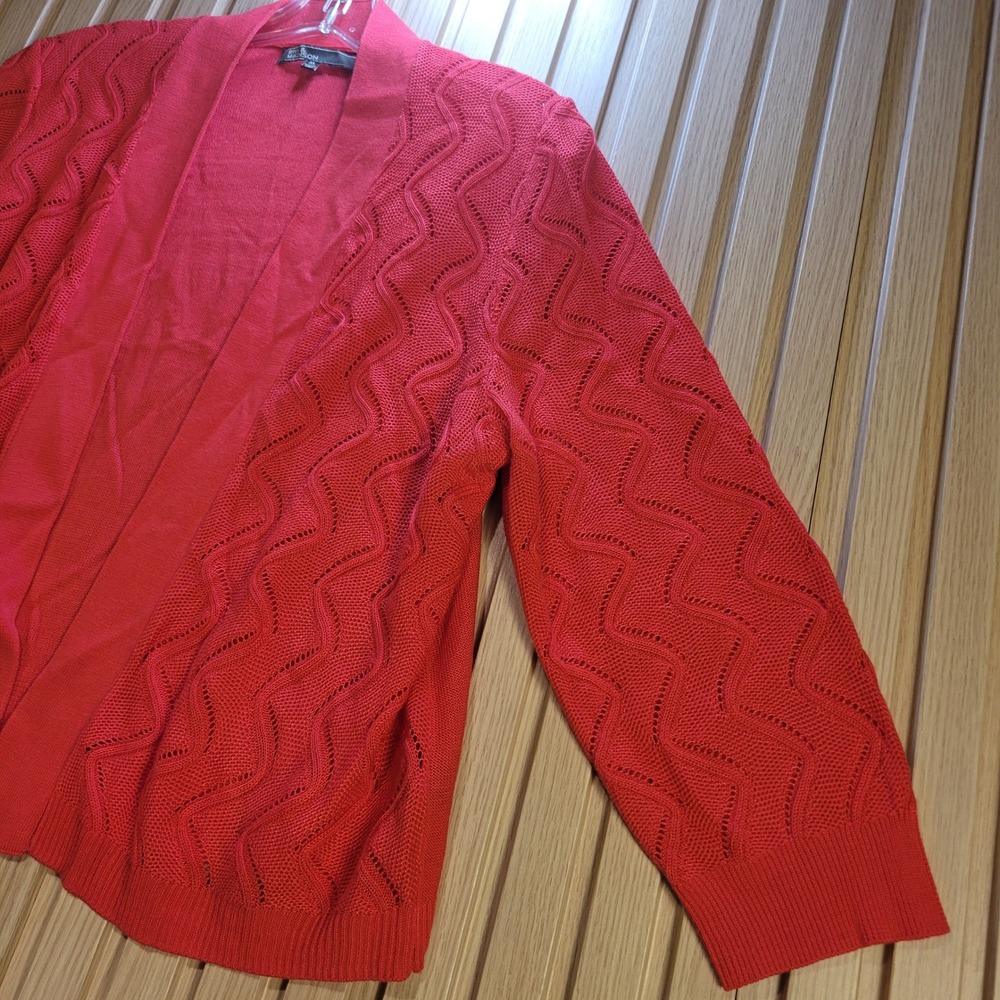 89th & Madison Womens XL Red Open Front Pointelle Chevron Knit Cardigan Sweater - Picture 3 of 6